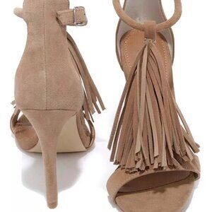Steve Madden Sashi Fringe Suede Sandals High Heels Taupe Tan 7.5